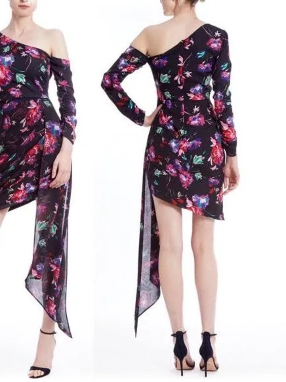 ONE33 Social Floral Chiffon Ruched One Shoulder Asymmetric Mini Dress 4 Small
